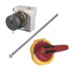 Lockout/tagout kit components: a gray push-pull switch assembly, a long metal actuator rod, and a red/yellow rotary handle.