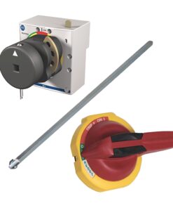 Lockout/tagout kit components: a gray push-pull switch assembly, a long metal actuator rod, and a red/yellow rotary handle.