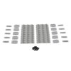 Assorted light gray LEGO bricks and plates arranged in rows on a white background, with a small pile of black connectors in the center.