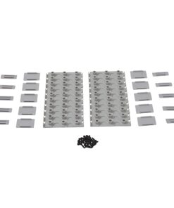 Assorted light gray LEGO bricks and plates arranged in rows on a white background, with a small pile of black connectors in the center.
