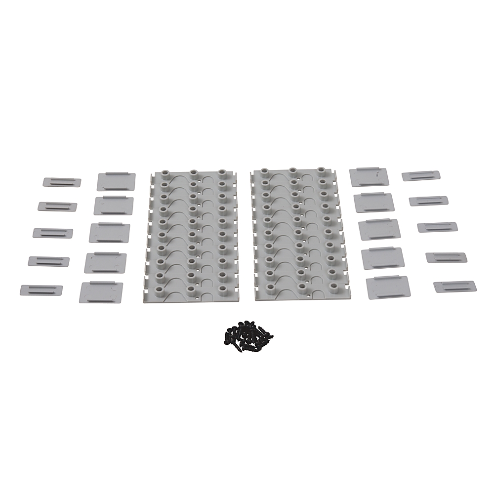 Assorted light gray LEGO bricks and plates arranged in rows on a white background, with a small pile of black connectors in the center.
