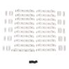 Assorted white plastic mounting rails, brackets, and caps arranged in rows with a small pile of screws below on a white background.