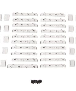 Assorted white plastic mounting rails, brackets, and caps arranged in rows with a small pile of screws below on a white background.