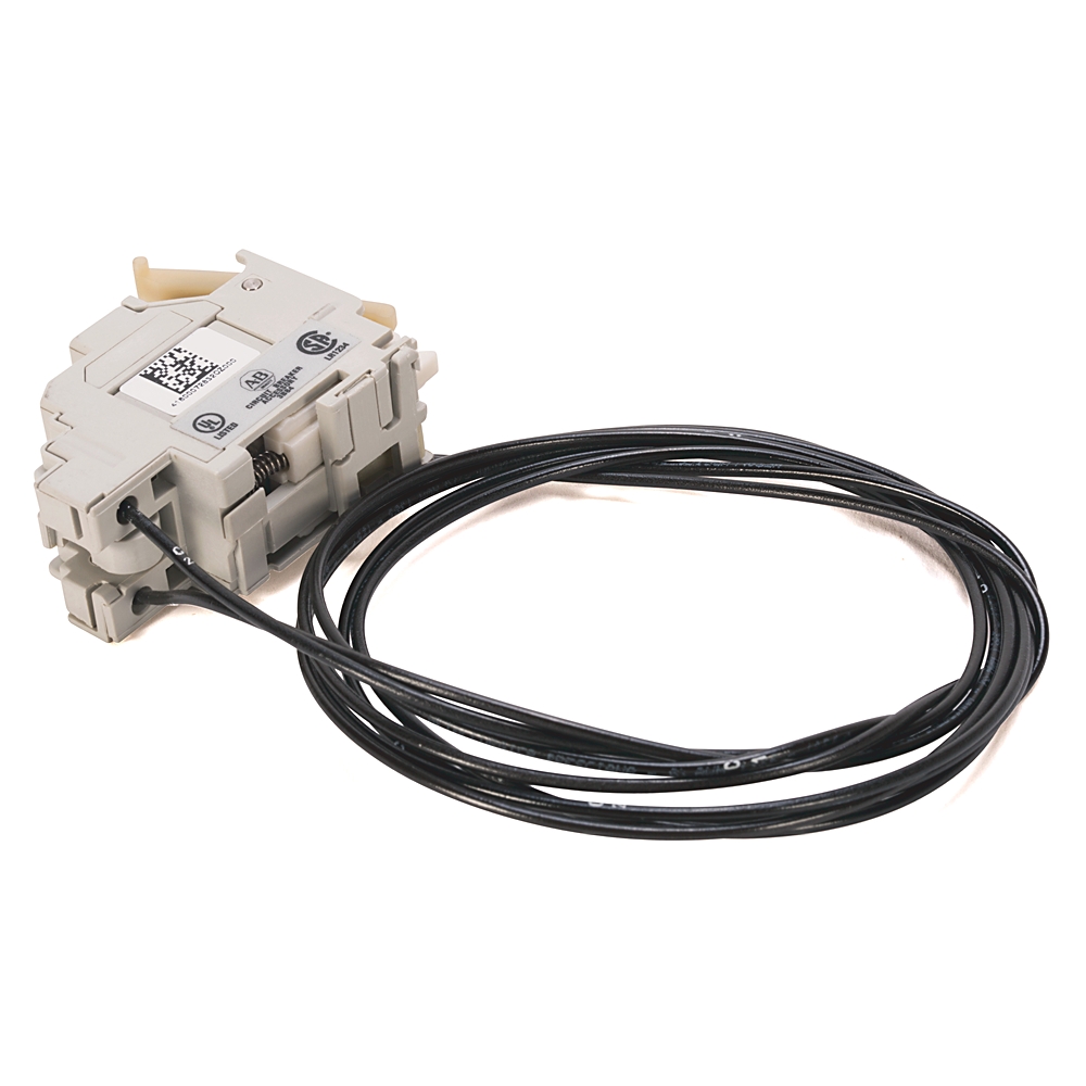 Industrial relay/contactor with grey housing and attached black wires, used in electrical control panels.