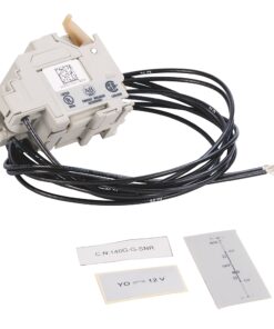 Circuit breaker accessory: white modular unit with attached black wiring harness, plus small label cards and a wiring diagram.