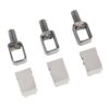 Three sets of furniture connector hardware: metal bolts with square frames and white plastic inserts for assembly (3 each).