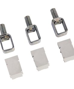 Three sets of furniture connector hardware: metal bolts with square frames and white plastic inserts for assembly (3 each).