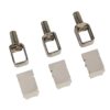 Three metal threaded bolts with square loop heads and three small white plastic spacers arranged diagonally, as a hardware kit component.