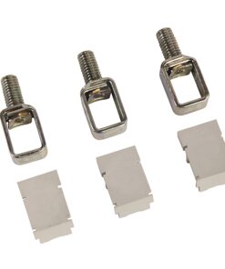 Three metal threaded bolts with square loop heads and three small white plastic spacers arranged diagonally, as a hardware kit component.