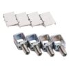 Four small metal U-bracket fasteners with threaded studs and four white plastic mounting spacers.