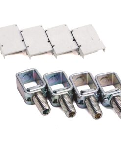 Four small metal U-bracket fasteners with threaded studs and four white plastic mounting spacers.