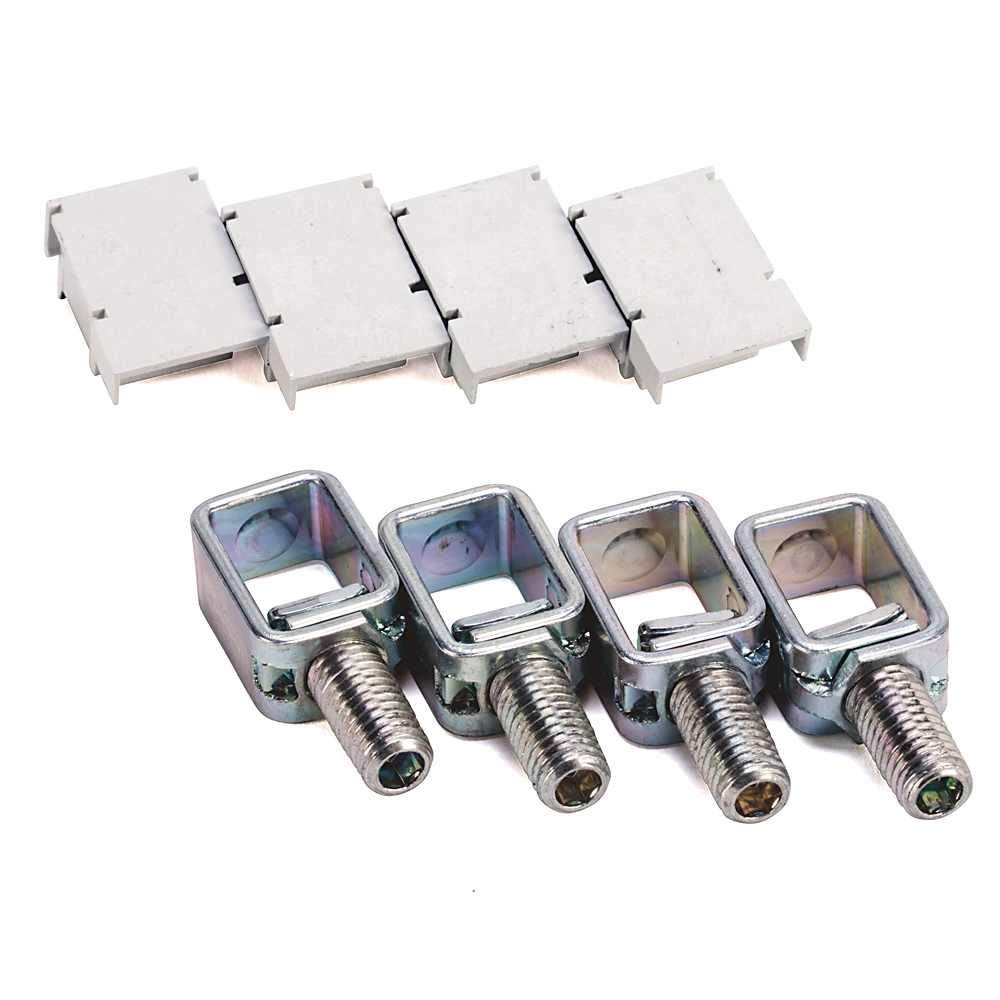 Four small metal U-bracket fasteners with threaded studs and four white plastic mounting spacers.