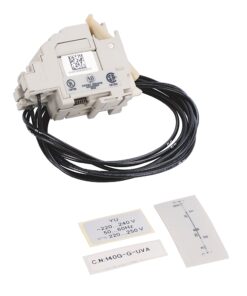 Electrical transformer module with a bundle of black wires and label stickers showing 220–240 V input.