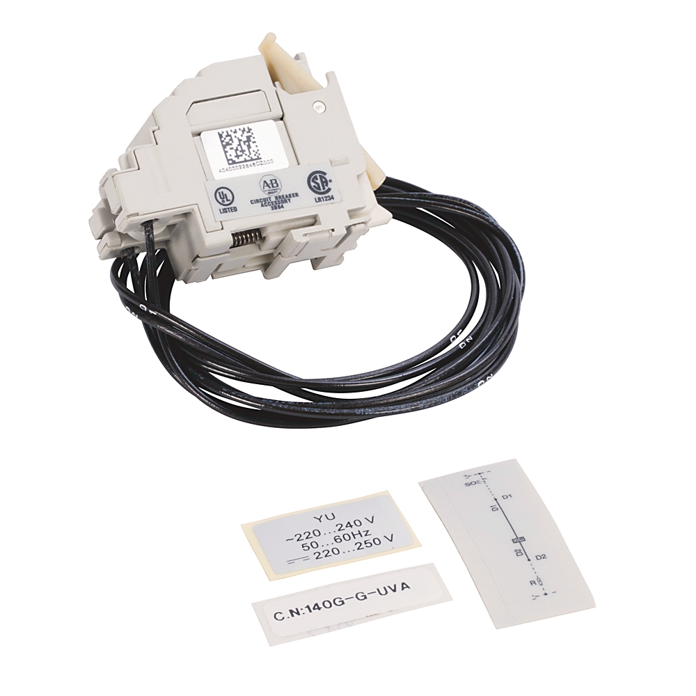 Electrical transformer module with a bundle of black wires and label stickers showing 220–240 V input.