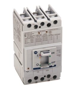 Three-pole miniature circuit breaker with three terminal slots on top and the toggle in the OFF position in a white panel.