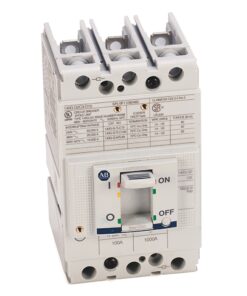 Three-pole miniature circuit breaker with a toggle switch in the ON position for an electrical panel