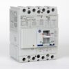 White molded-case circuit breaker with a central toggle labeled ON/OFF and colored indicators (blue, red, green) on the face.