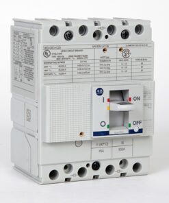 White molded-case circuit breaker with a central toggle labeled ON/OFF and colored indicators (blue, red, green) on the face.