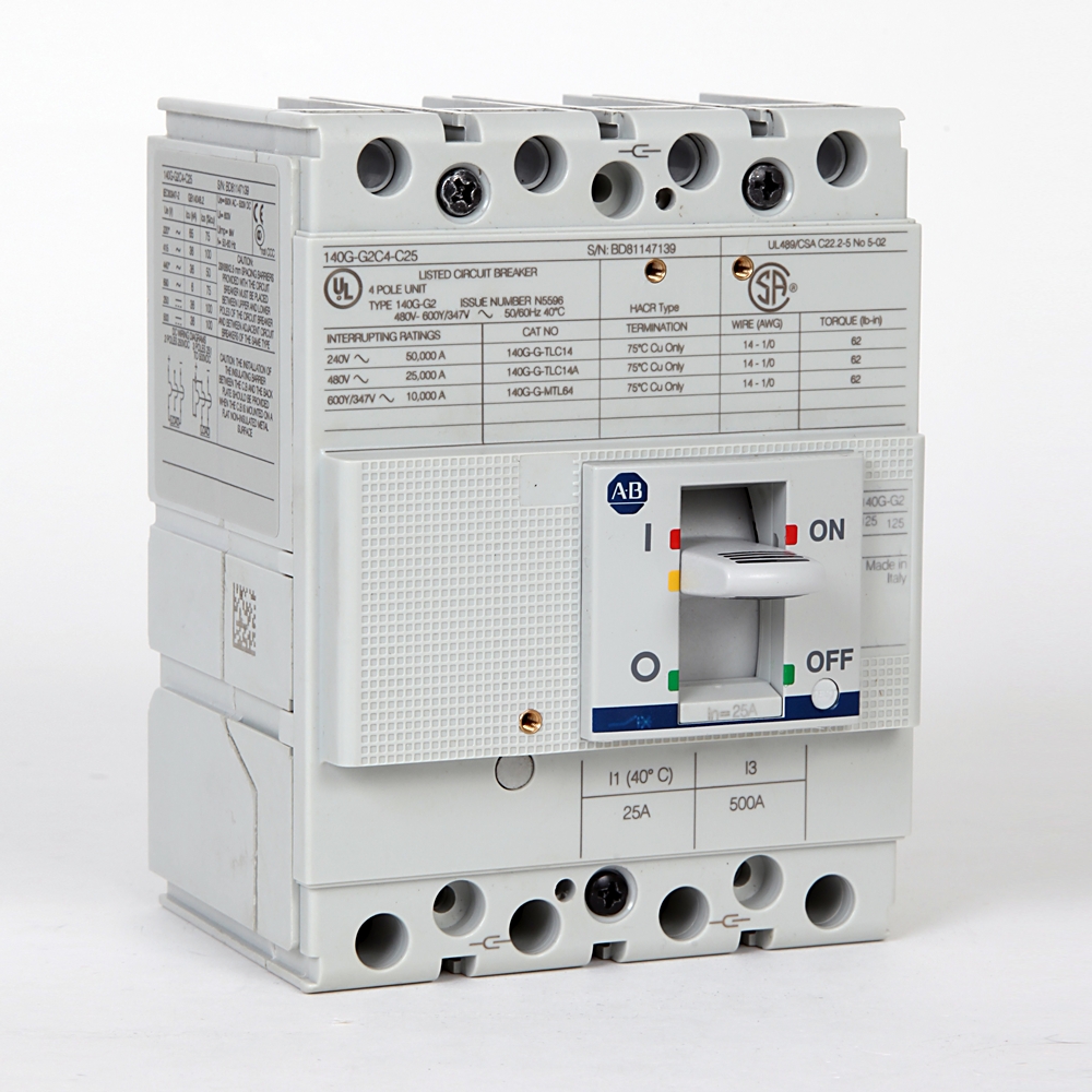 White molded-case circuit breaker with a central toggle labeled ON/OFF and colored indicators (blue, red, green) on the face.