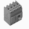 Four-pole gray terminal block with top connection slots and a side actuator for wiring distribution in control panels