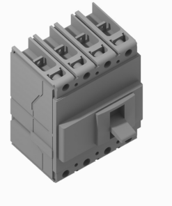 Four-pole gray terminal block with top connection slots and a side actuator for wiring distribution in control panels