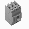 Modular DIN rail circuit breaker with three screw-terminal input blocks and a side lever switch