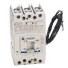 White three-pole circuit breaker with detailed labels and a coil of black wires attached on the side, used for electrical shutoff.