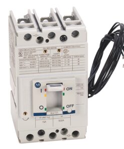 White three-pole circuit breaker with detailed labels and a coil of black wires attached on the side, used for electrical shutoff.