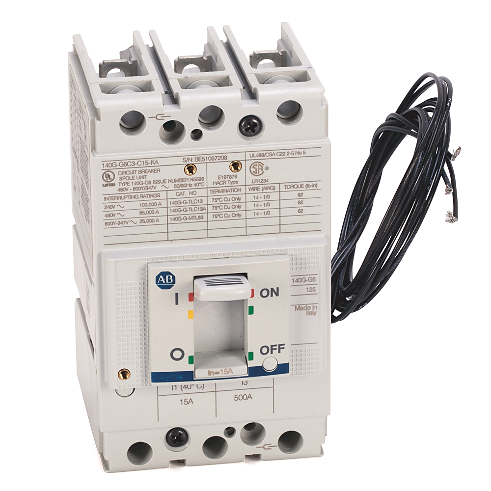 White three-pole circuit breaker with detailed labels and a coil of black wires attached on the side, used for electrical shutoff.