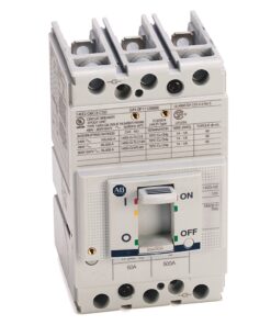 Three-pole circuit breaker module with a gray toggle switch in the ON position, view from the side/angled orientation.