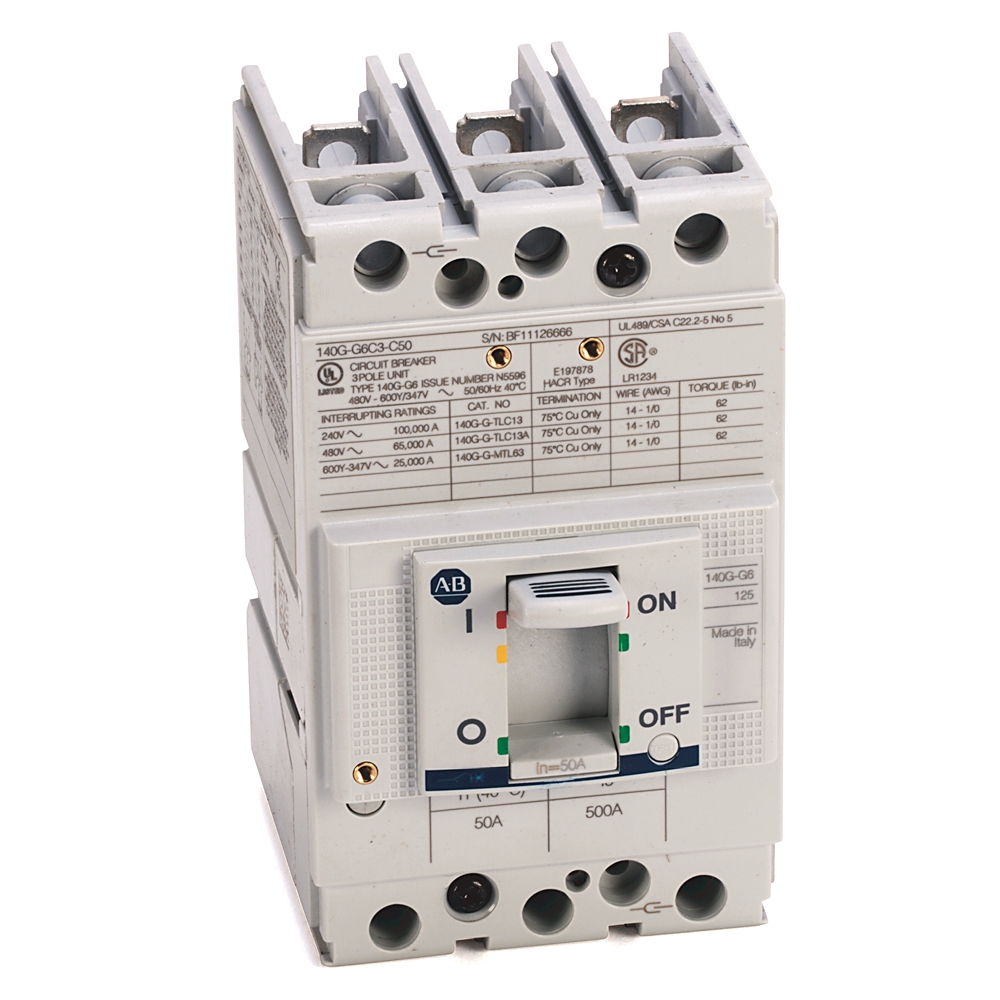 Three-pole circuit breaker module with a gray toggle switch in the ON position, view from the side/angled orientation.