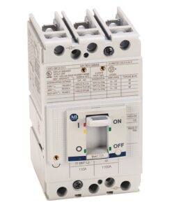 Single-pole circuit breaker with ON/OFF switch mounted on a white modular housing, label details visible on the front and top terminals for wiring connections