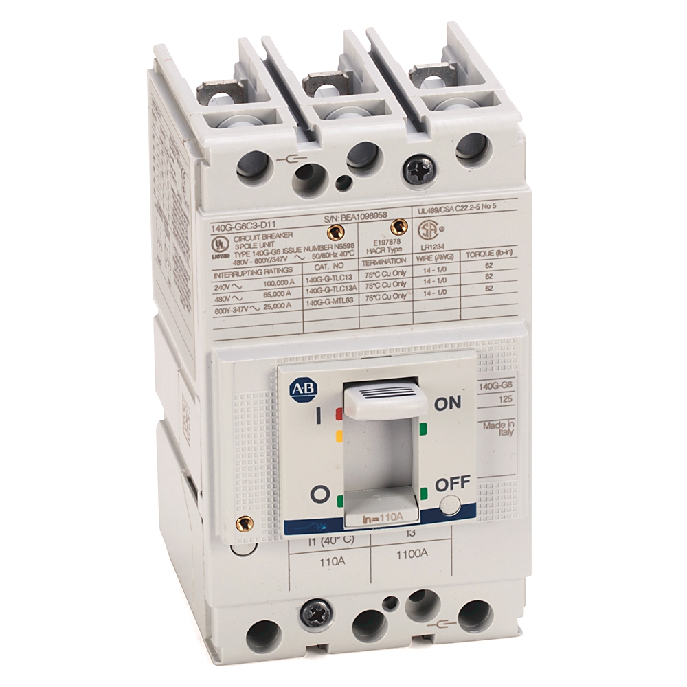 Single-pole circuit breaker with ON/OFF switch mounted on a white modular housing, label details visible on the front and top terminals for wiring connections
