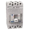 Industrial circuit breaker with toggle switch in OFF position and warning labels on front panel (gray unit, AB logo)