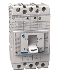 Industrial circuit breaker with toggle switch in OFF position and warning labels on front panel (gray unit, AB logo)