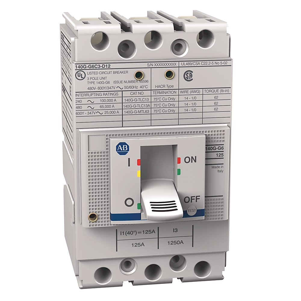 Industrial circuit breaker with toggle switch in OFF position and warning labels on front panel (gray unit, AB logo)
