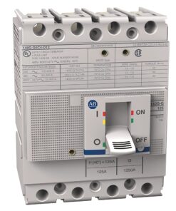 Molded-case circuit breaker with a toggle handle labeled ON/OFF, front view showing terminal ports at top and bottom.