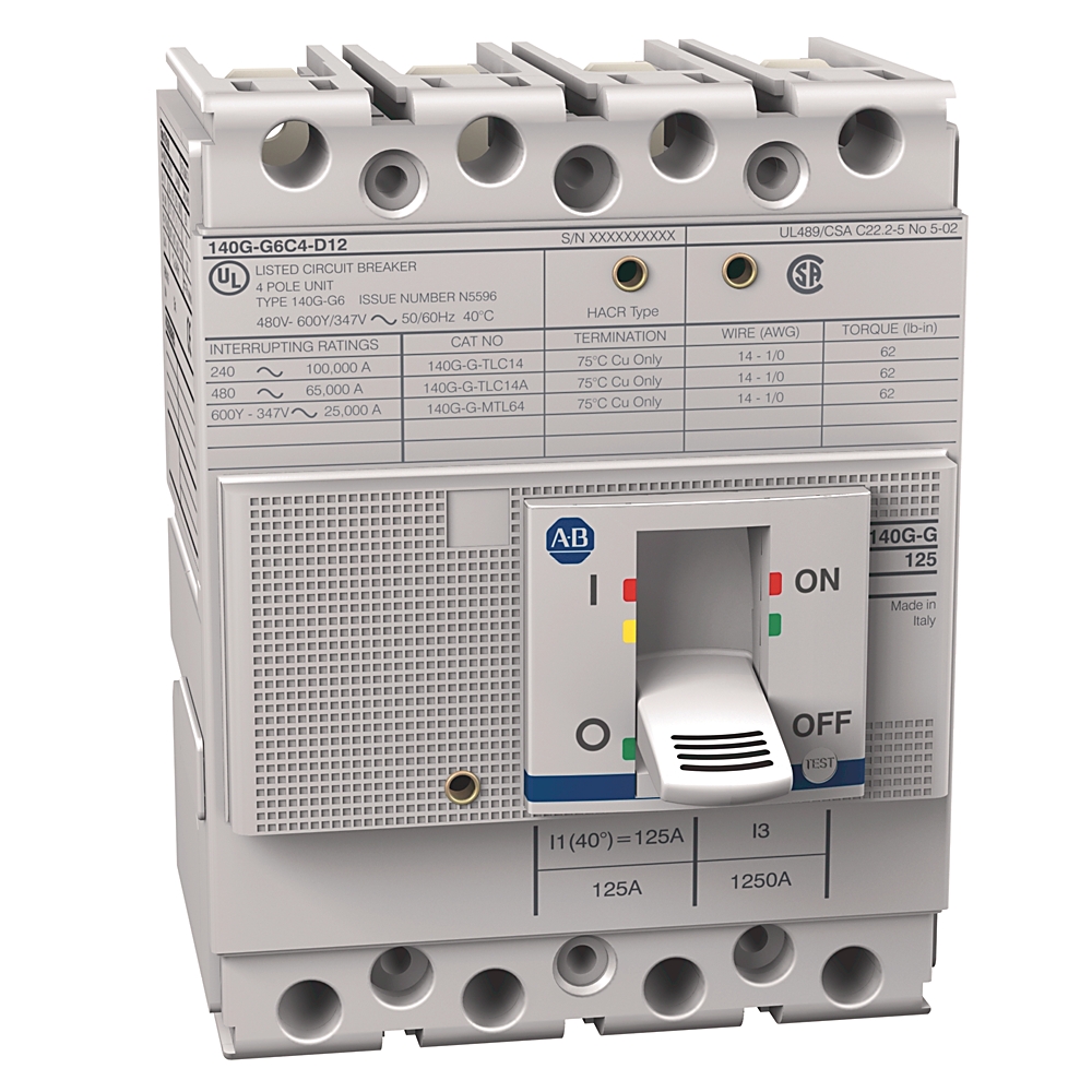 Molded-case circuit breaker with a toggle handle labeled ON/OFF, front view showing terminal ports at top and bottom.