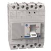 Molded case circuit breaker with ON/OFF switch and indicator lights on a gray panel, labeled terminals and ratings