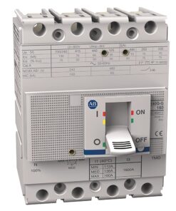 Molded case circuit breaker with ON/OFF switch and indicator lights on a gray panel, labeled terminals and ratings