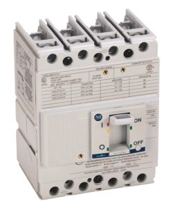 White molded-case circuit breaker with a central ON/OFF toggle switch and multiple top terminals, used to protect electrical circuits.