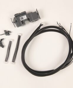 Wiring harness with multiple black cables, a gray modular electronic unit, mounting brackets, and white connector plugs on a white background.