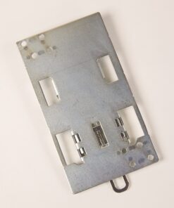 Metal mounting plate for an electronics module with several rectangular cutouts and a central spring-loaded contact.