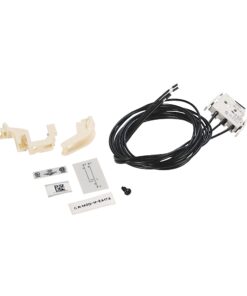 Wiring kit includes plastic mounting brackets, labels, and a long black cable with a small relay/connector assembly for appliance wiring.