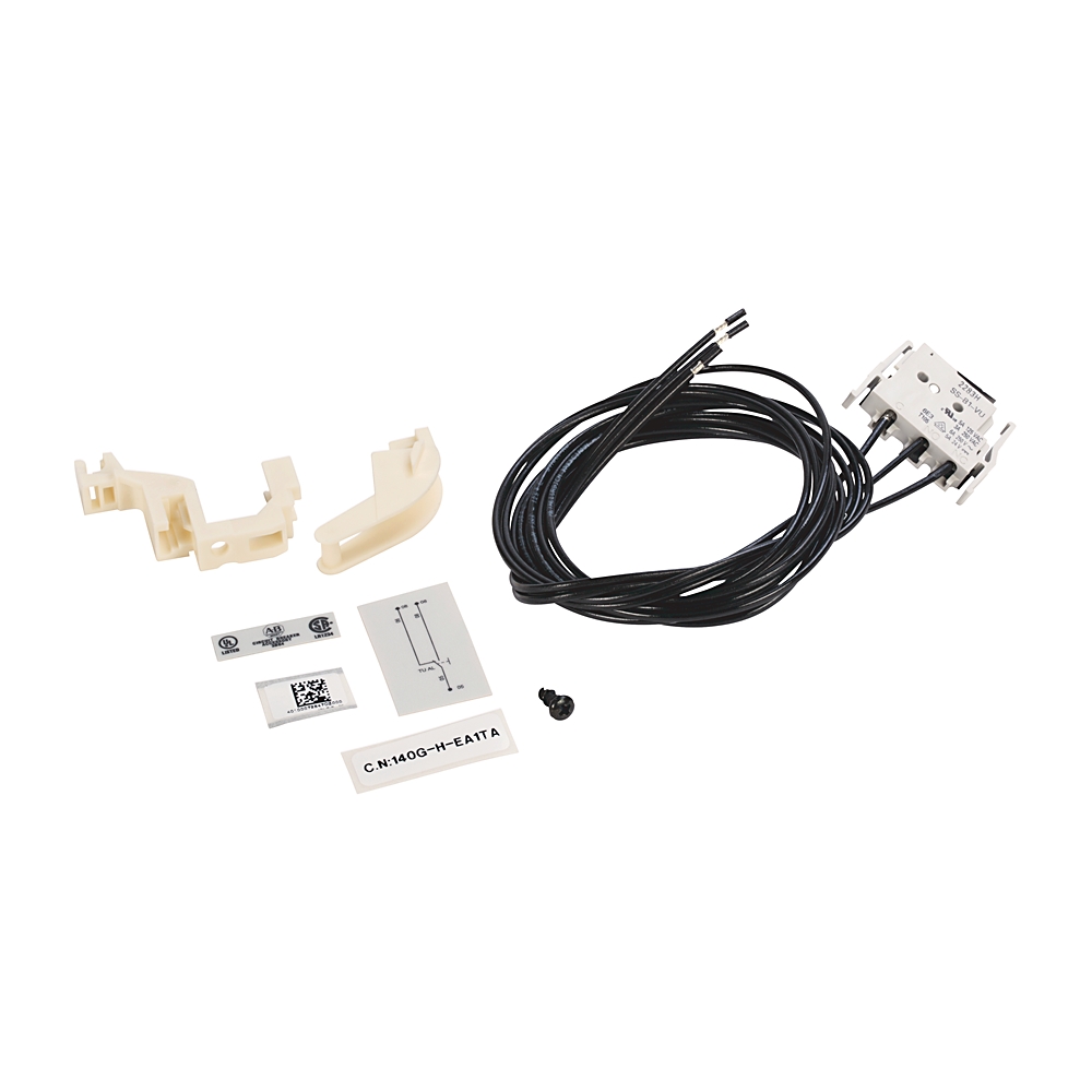 Wiring kit includes plastic mounting brackets, labels, and a long black cable with a small relay/connector assembly for appliance wiring.
