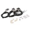 Set of wiring harnesses with multiple black cables and white connectors, plus mounting clips and small instruction cards.