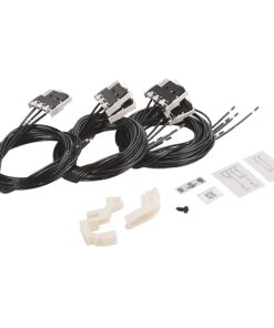 Set of wiring harnesses with multiple black cables and white connectors, plus mounting clips and small instruction cards.