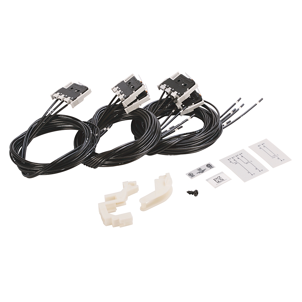 Set of wiring harnesses with multiple black cables and white connectors, plus mounting clips and small instruction cards.