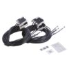 Two long black cable bundles with white electrical connectors and exposed ends, plus small instruction cards beside them on a white background.