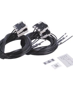 Two long black cable bundles with white electrical connectors and exposed ends, plus small instruction cards beside them on a white background.